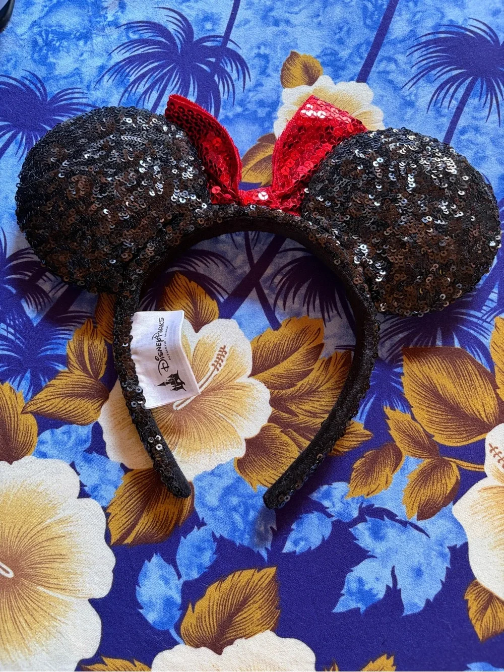 Disney Parks Minnie Mouse Black Sequin Ears Headband with Red Bow